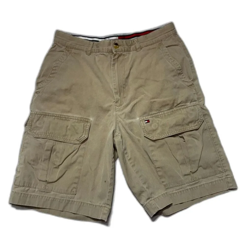 Vintage 90s Tommy Hilfiger Cargo Shorts Khaki Tan Waistband Trim Sz30